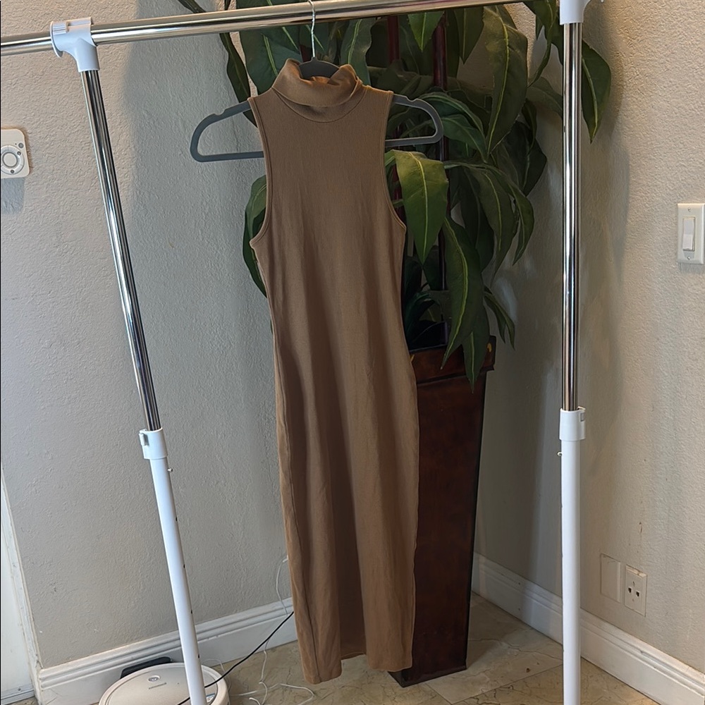 Zara Brown Sheath Midi Dress Mock Neck